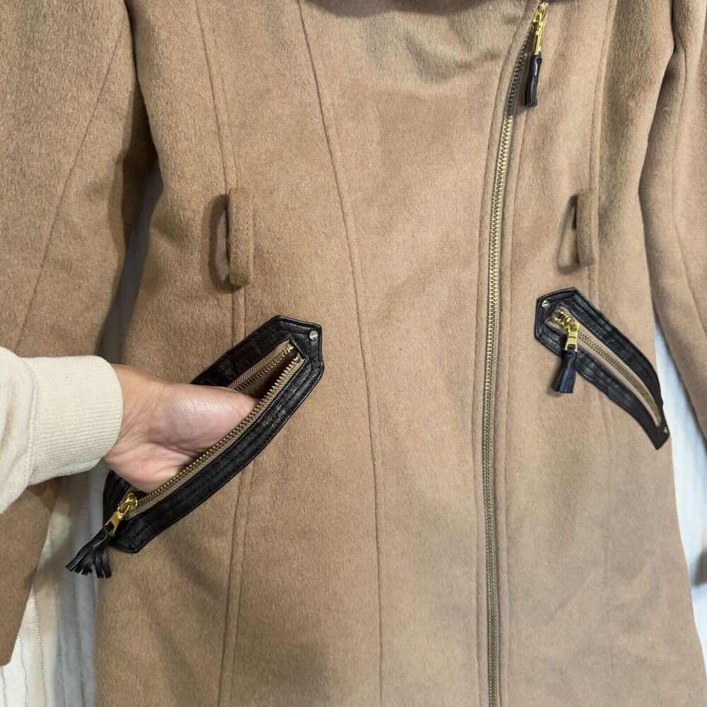 Via Spiga Camel‎ Faux Fur Wool Blend Pea Coat Women Sz 0 NWT $400 No Belt - Picture 11 of 16